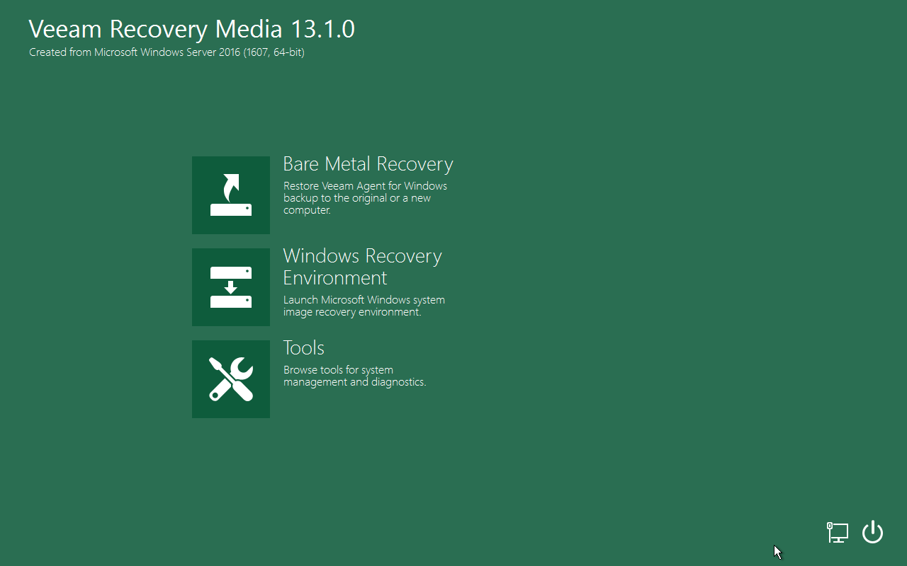 Veeam Recovery Media main menu on Windows Server 2016