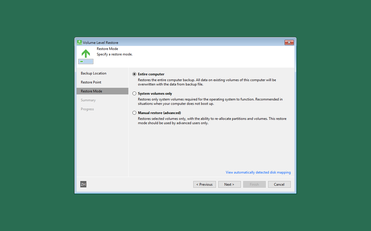 Veeam restore mode with Entire computer selected