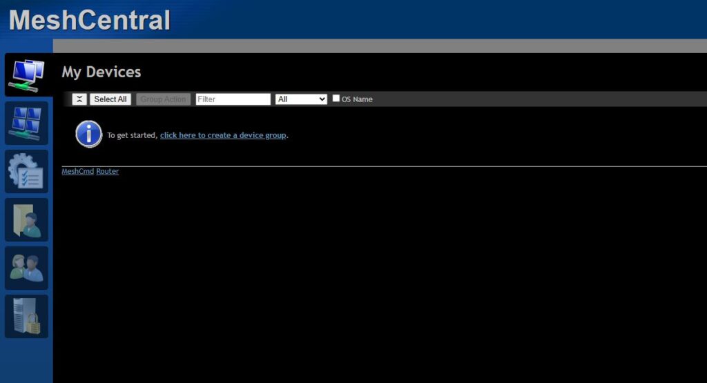 MeshCentral administrator dashboard showing an empty My Devices page