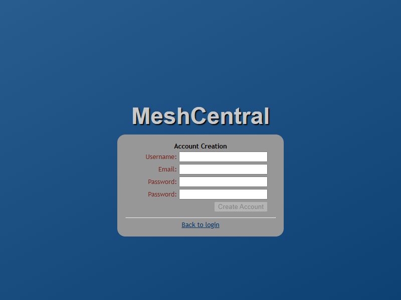 MeshCentral account creation screen for the first administrator