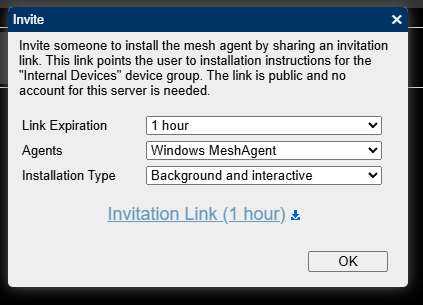 MeshCentral Invite dialog with Windows MeshAgent and a one-hour expiration