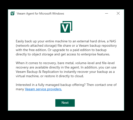 Veeam Agent for Microsoft Windows installer welcome screen