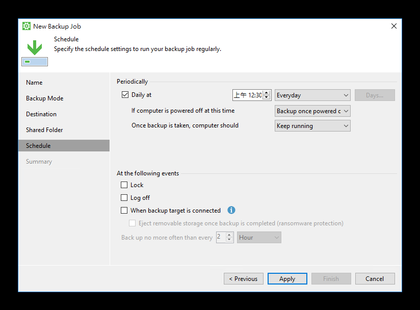 Veeam Agent daily backup schedule settings