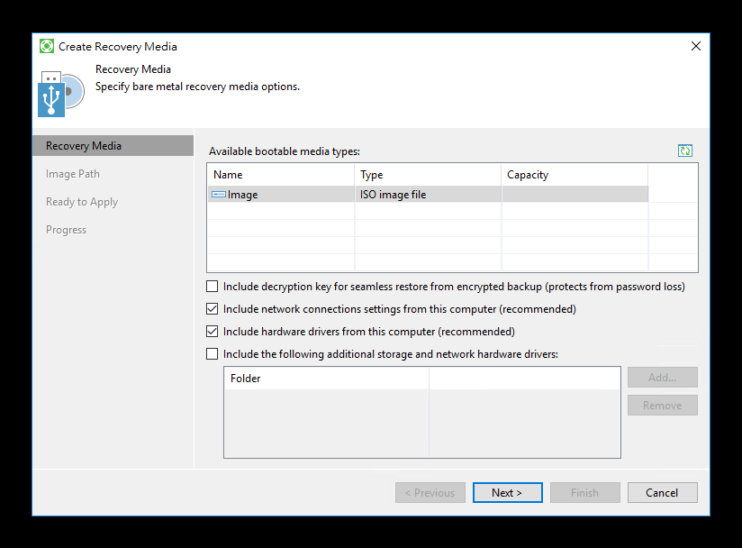 Veeam Recovery Media ISO image and driver inclusion options