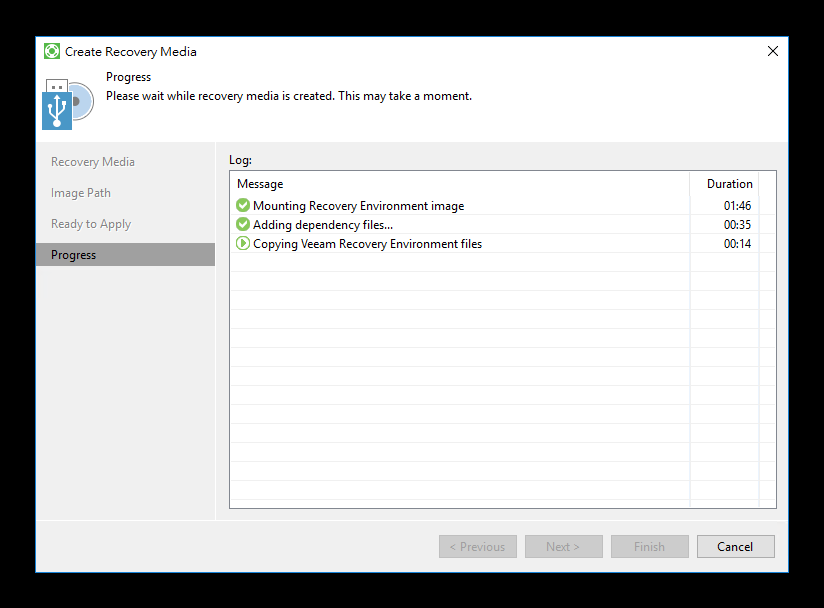 Veeam Recovery Media creation progress screen