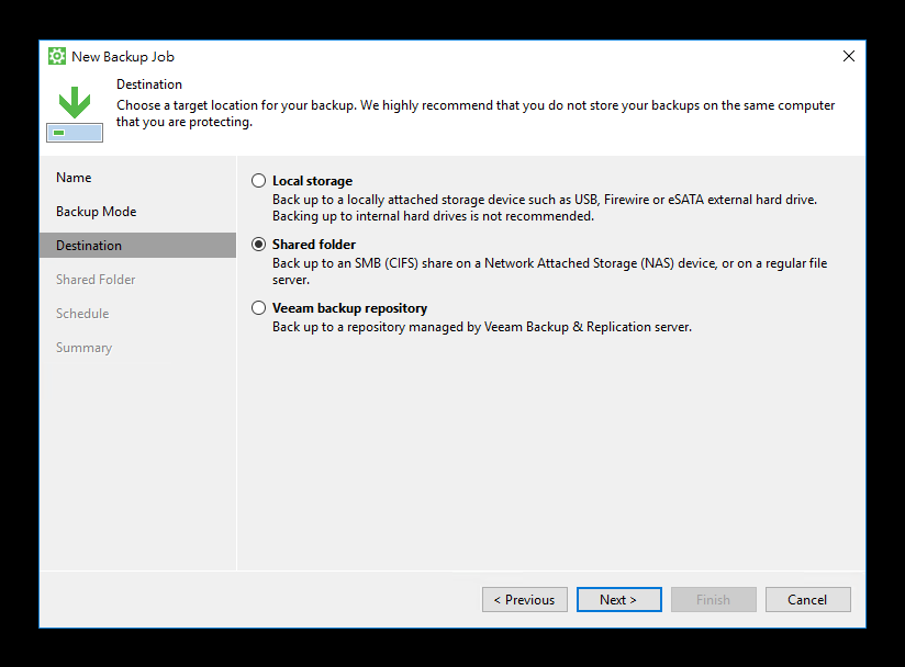 Veeam backup destination with Shared folder selected