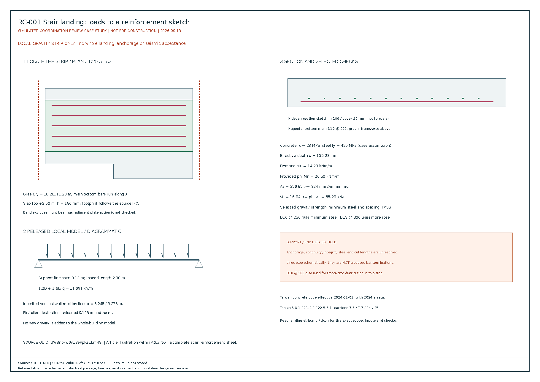 Stair landing strip drawing linking source geometry, gravity loads, calculated demand, and D10 bars at 200 mm spacing