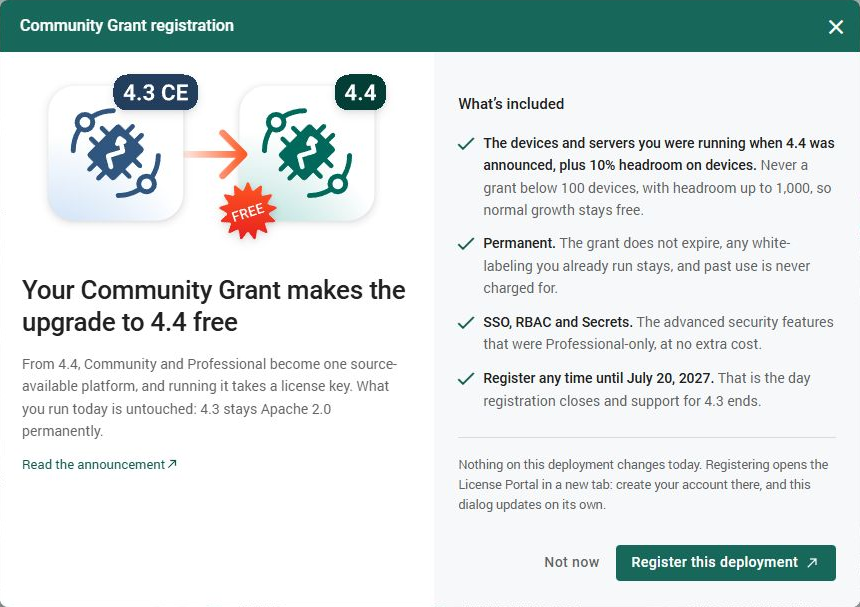 ThingsBoard Community Grant registration explanation for the existing deployment.