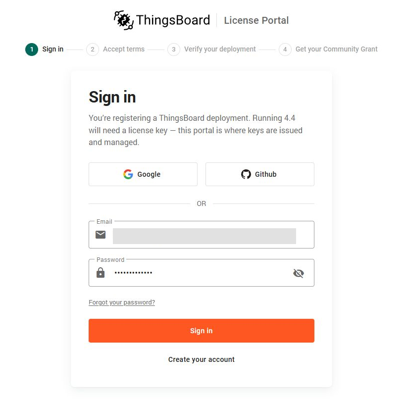 ThingsBoard License Portal Sign in step, with the email concealed and password hidden.