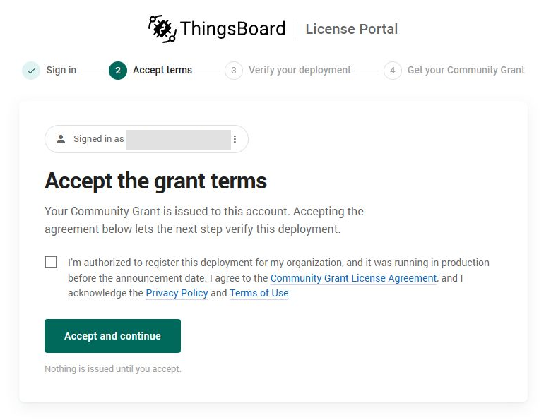 Community Grant terms page with the acceptance checkbox not yet selected.