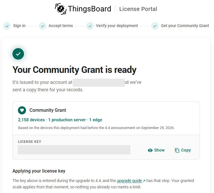 License Portal showing an issued Community Grant for 2,158 devices, one production server and one Edge, with the account and entire key concealed.