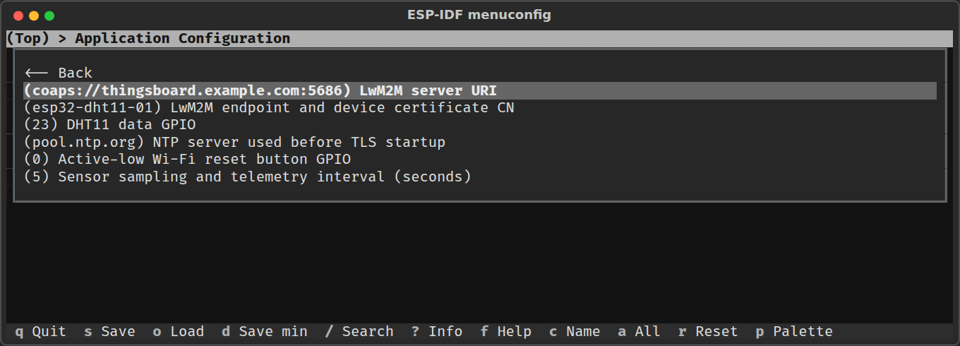 ESP-IDF Application Configuration showing the example LwM2M server URI, endpoint, GPIO 23 and five-second interval