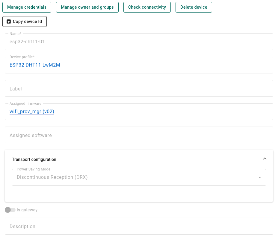 ThingsBoard device details showing wifi_prov_mgr v02 assigned as firmware