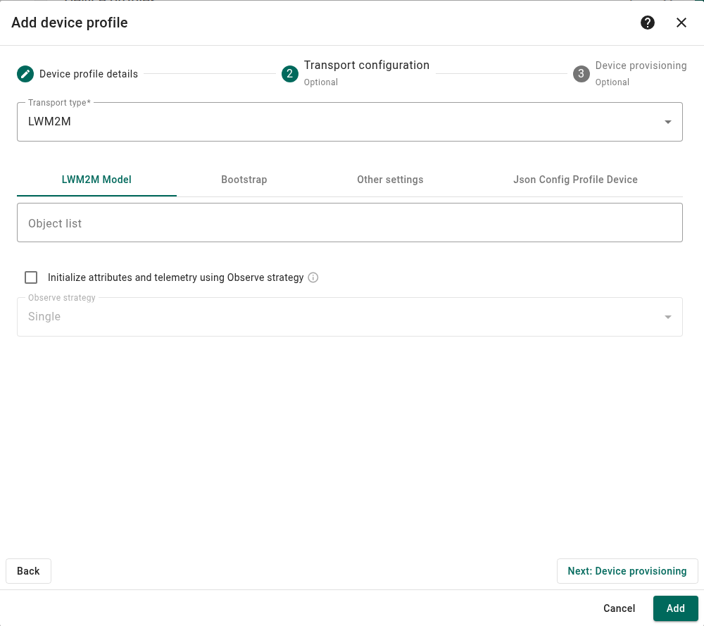 ThingsBoard device profile wizard with LWM2M selected as the transport type