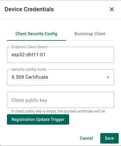 ThingsBoard Client Security Config with endpoint esp32-dht11-01, X.509 Certificate security mode and an empty Client public key