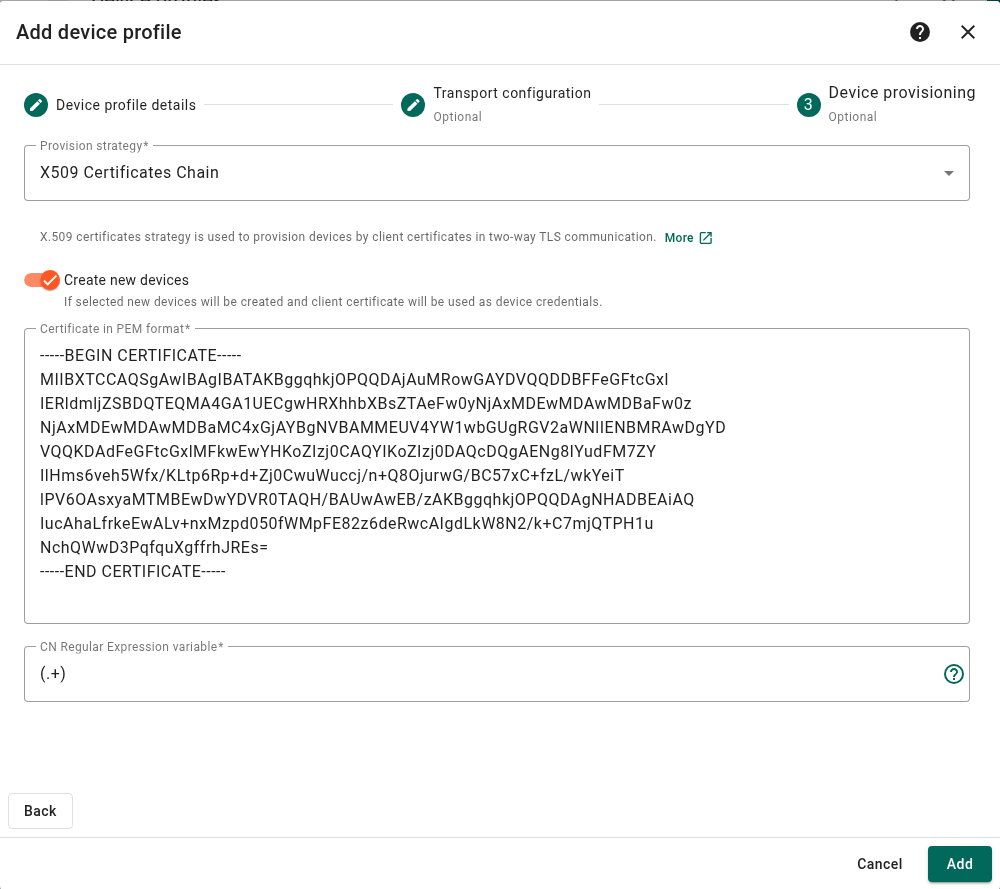 ThingsBoard Device provisioning with X509 Certificates Chain, Create new devices enabled and an example CA certificate